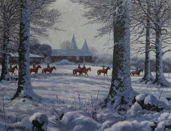 Roy Millar, oil on canvas, jockeys in a snowy landscape, signed, 35 x 45cm
